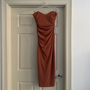 NWOT Zara Rust Strapless Ruched Midi Dress